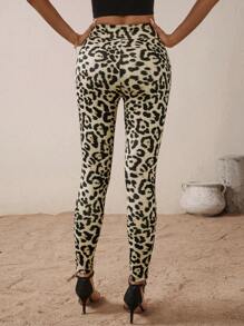 SHEIN LUNE 女士休闲修身弹力性感豹纹紧身裤 - 棕色 - 查看 2