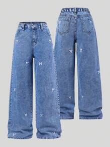 SHEIN 青少年女孩复古酷炫蝴蝶结刺绣宽松休闲黑色阔腿牛仔裤