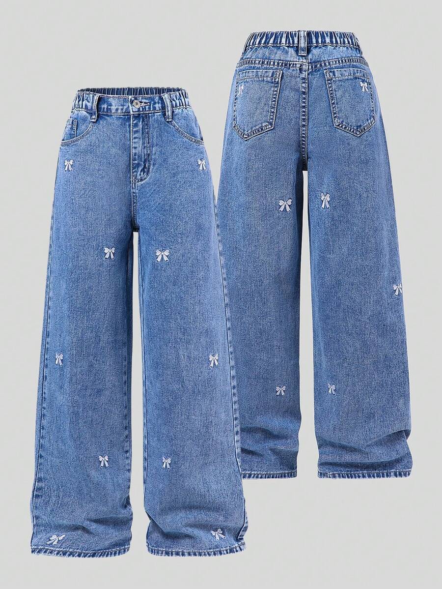 SHEIN 青少年女孩复古酷炫蝴蝶结刺绣宽松休闲黑色阔腿牛仔裤