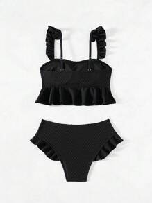 SHEIN Swim Springbreak 2Pcs Set: Black Textured Ruffle Strap Top And Ruffle High Waist Cute Beach Crop Tank Bikini For Summer Beach Vacation - Black - View 4