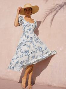 Revavyn White And Blue Floral Summer Elegant Tea Party Holiday Retro French Sweetheart Neck Puff Sleeve Waist Gathered Flared Long All Over Print Boho Dress - Multicolor - View 4
