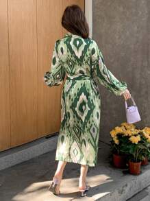DAZY Đầm sơ mi midi cạp rộng in hoa toàn thân cho nữ, quần áo mùa thu cho nữ, áo dài tay - màu xanh lá - Xem 2