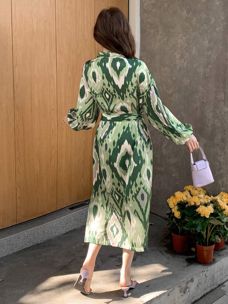 All-Over Floral Print Loose Waist Band Midi Shirt Dress For Women,Fall Women Clothes Long Sleeve Top