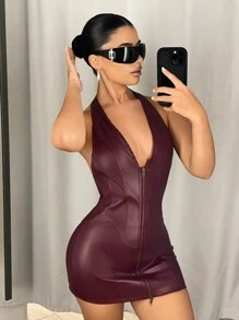 SHEIN ICON Deep V-Neck Halter Double Zipper Bodycon Mini PU Dress - Burgundy - View 4