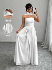 Elenzga 1 件女式纯色吊带连衣裙，带褶饰细节，优雅无袖长裙长款女装 - 白色 - 查看 3