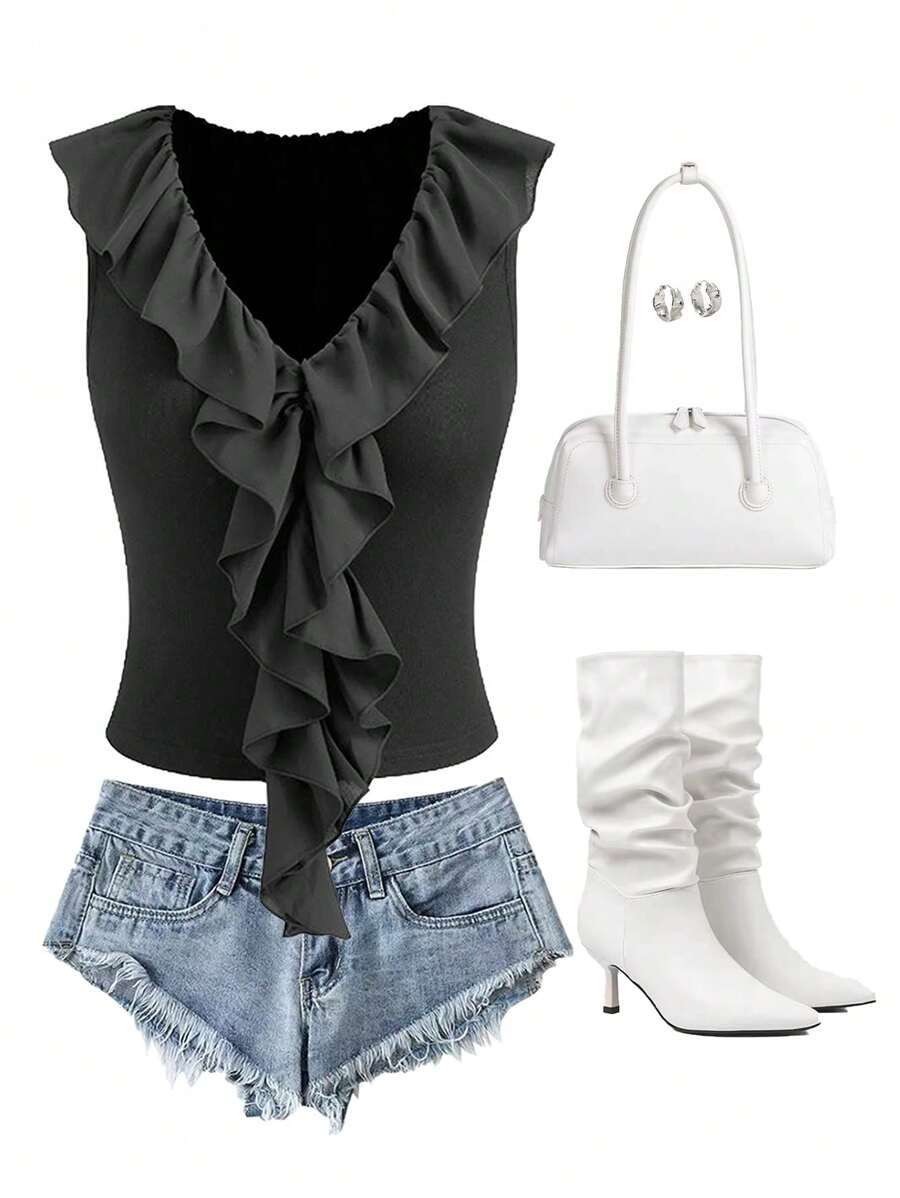 Chiquease 法式优雅浪漫荷叶边 V 领短款女士背心，夏季新品