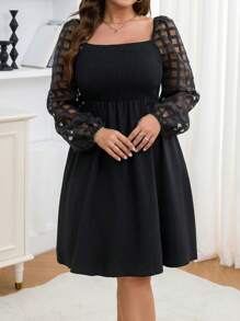 SHEIN Clasi Plus Size Women Plaid Mesh Lantern Sleeve Patchwork Mini Dress - Black - View 3