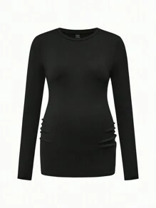 SHEIN 3-Piece Maternity Round Neck Long Sleeve Bodycon T-Shirt Set, Casual - Army Green - View 5