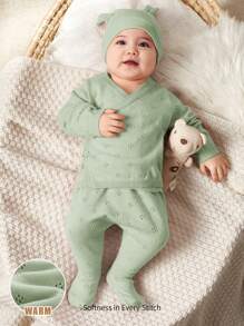 Cozy Pixies Baby Girl Solid Color Wrap Sweater And Leggings Set - Green - View 12