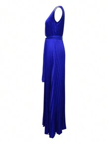 Women's Retro Modest Elegant Solid Color Pleated Hem Dress - Blue - View 3