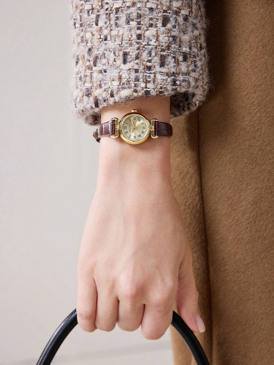 MOTF PREMIUM WOMEN'S FASHION MINIMALIST ELEGANT GOLD-TONE ROMAN NUMERAL WATCH - Brown - View 1