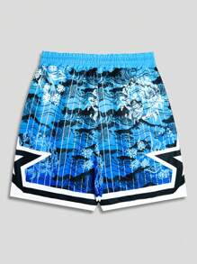 ROMWE MEN Street Life Men's Letter Print Round Neck Short Sleeve Casual Basketball Jersey Style T-Shirt And Drawstring Waist Shorts Street Outfit Set - White - View 8