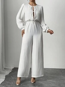SHEIN Privé Women's Elegant Vacation Casual Fashion Front Tie High Waist Long Sleeve White Jumpsuit, Autumn