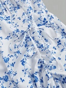 SHEIN MOD 蓝白碎花浪漫复古荷叶边女装，优雅连衣裙，茶会连衣裙，女性约会连衣裙，情人节连衣裙，夏季连衣裙，波西米亚连衣裙，邮轮连衣裙，沙滩连衣裙，女士柔和连衣裙 - 藍白色 - 查看 3