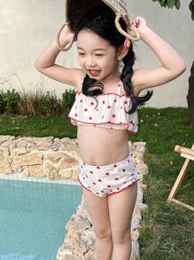 DAZY Young Girl Heart Print Vacation Beach Swimwear Set - White - View 4