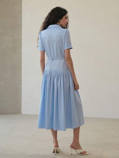 FOLD PLEATED BUTTON UP SHIRT DRESS, BELTED MIDI DRESS, FLARE HEM, ELEGANT  STYLE,SPRING/SUMMERMotf
