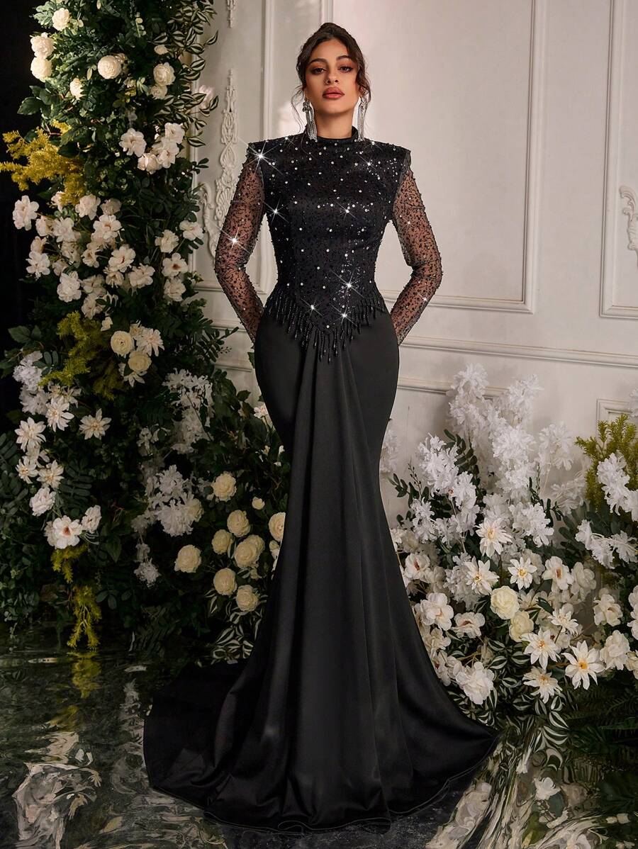Glamrae 优雅黑色亮片刺绣手工钻立领长袖透视腰部珠链流苏装饰褶皱鱼尾拖尾婚礼宾客礼服，适合情人节宴会晚礼服、正式礼服、晚礼服、长袍 - 黑色 - 查看 1