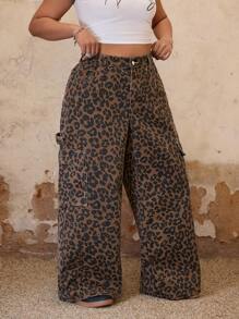 SHEIN ICON Plus Size Women Leopard Print Loose Cargo Pocket Denim Jeans