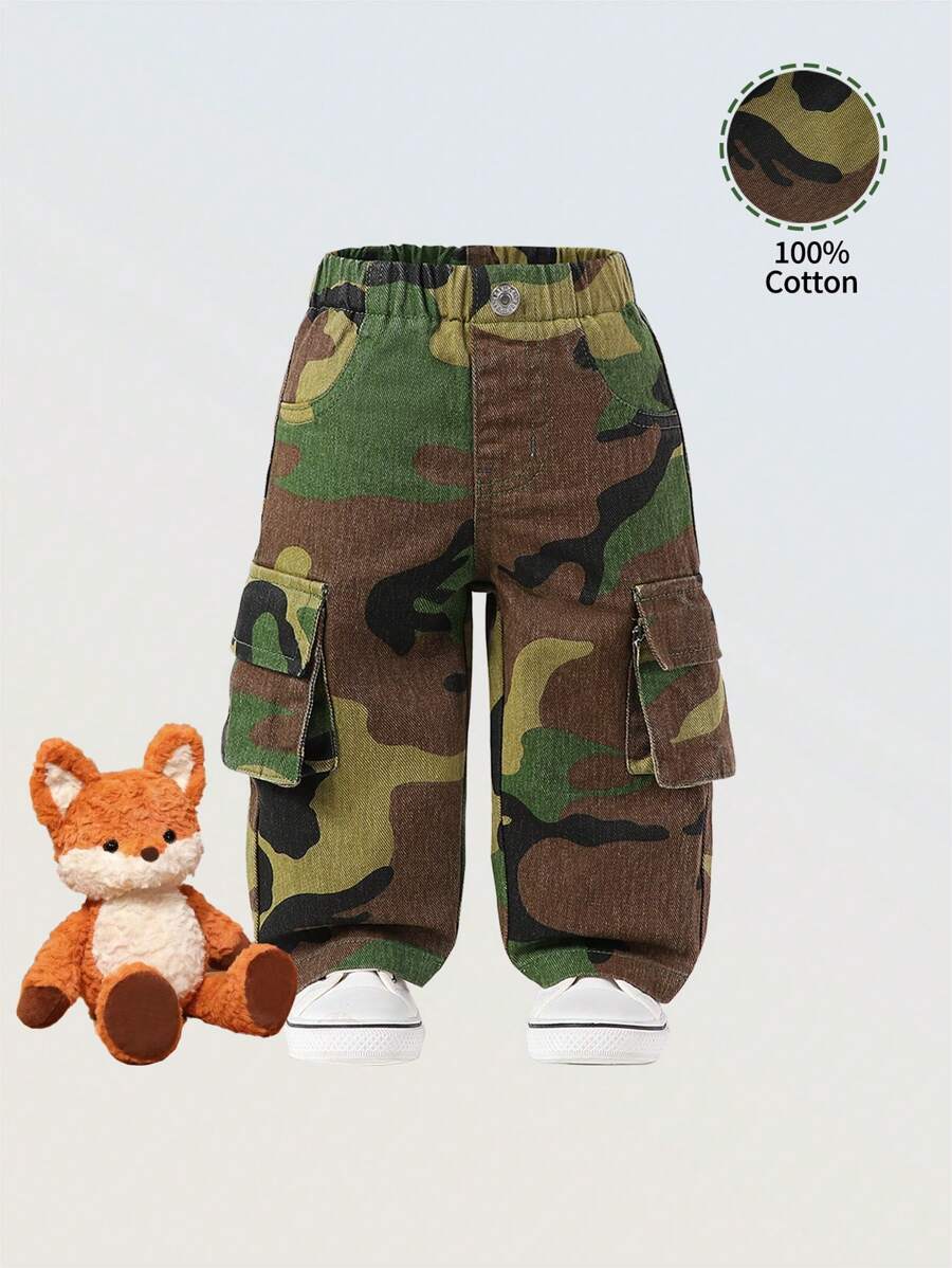 女婴全松紧腰 Y2K 街头酷炫女婴迷彩牛仔工装裤，粉色 - 軍綠色 - 查看 1