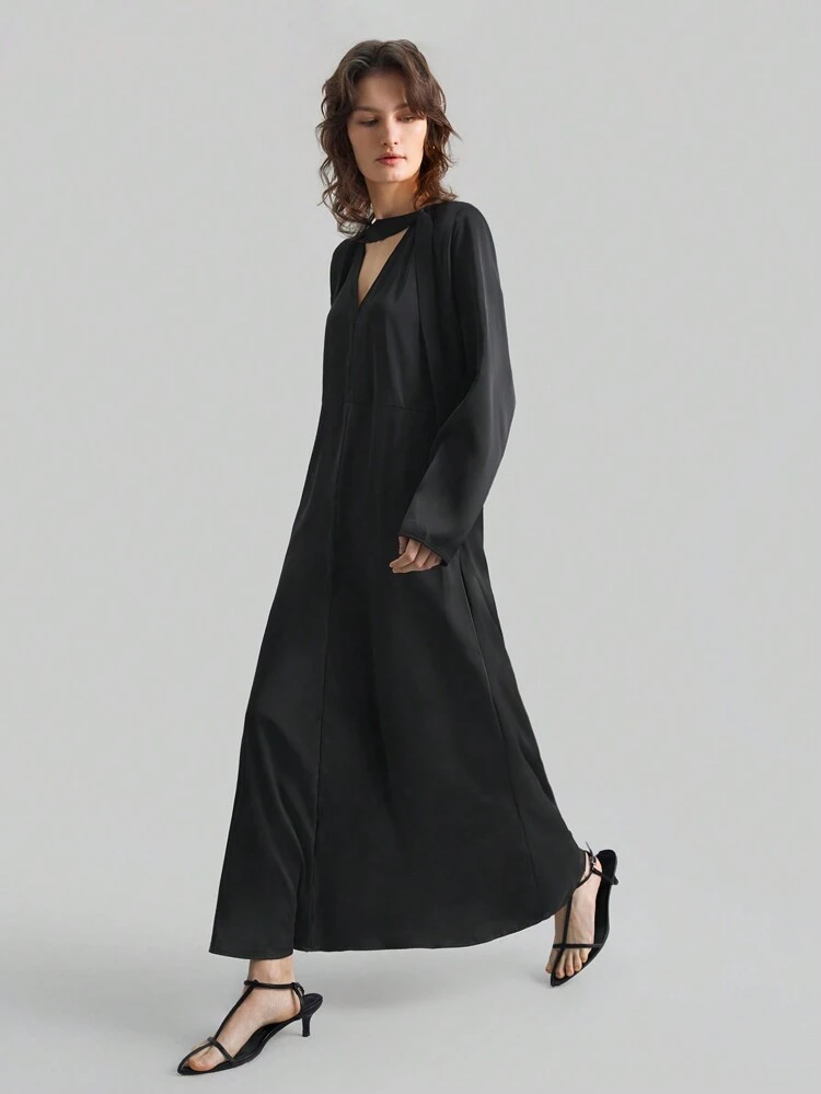 Women's Black 90s Style Elegant Extra Long Casual Dress, Minimalist & Fashionable For Everyday Wear