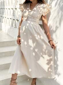 SHEIN Summer Maternity V-Neck Ruffle Puff Sleeve Waist Cinched Dress - Apricot - View 4
