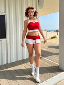 SHEIN Sweetina 甜美运动拼色腰带和抽绳复古低腰短裤套装 - 紅白色 - 查看 5