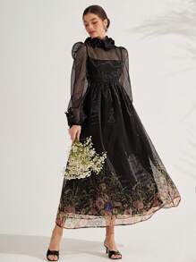 GENKIRA 优雅女士连衣裙，3D 花卉装饰，腰部合身，长袖，浪漫欧根纱面料，适合情人节、派对、约会 - 彩色 - 查看 4