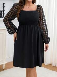 SHEIN Clasi Plus Size Women Plaid Mesh Lantern Sleeve Patchwork Mini Dress - Black - View 6