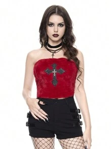 ROMWE Goth Spring Break Concert Festival Party Outfit Women, Rave Outfits, Plush PU Embroidered Cross Pendant Strapless Sexy Color Contrast Crop Top