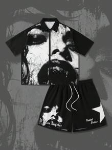 Manfinity EMRG Men's Weird Horror Pattern Short Sleeve Shirt And Shorts Set Men 2 Pieces Short Sets - Multicolor - View 5
