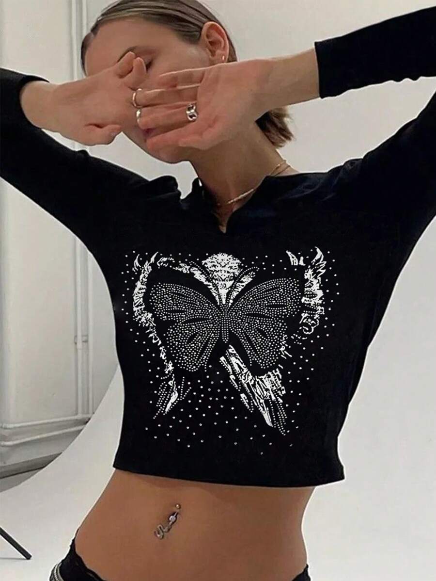 SHEIN EZwear Áo thun ngắn tay họa tiết bướm đính đá thời trang mùa hè cho nữ - màu đen - Xem 1