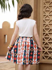 2pcs/Set Girl (Small) Crew Neck Sleeveless Simple Top And Mini Skirt - Multicolor - View 2