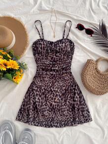 Soleia Leopard Print Mesh Slip Dress - Coffee Brown - View 3
