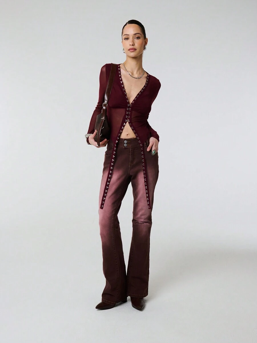 TypaGal 双纽扣复古洗水棉质牛仔裤 - 紅色 - 查看 1