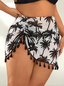 Swim Vcay Plus Size Floral Print Fringe Hem Casual Loose Cover-Up, Suitable For Vacation For Summer Beach Vacation