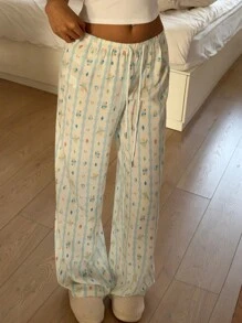 Aloruh 女士条纹卡通印花抽绳腰长裤 - 彩色 - 查看 3