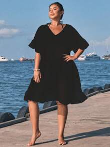 Swim Lushoire Plus Size Solid Color Ruffle Hem Beach Cover Up Black Dress For Summer Beach Vacation - Black - View 1