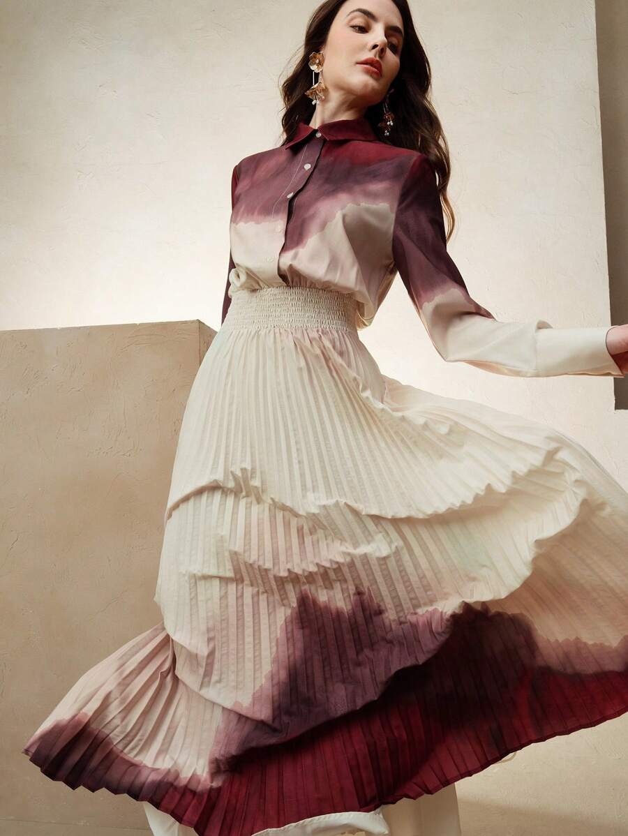 Anewsta Elaire 女士扎染百褶腰优雅衬衫裙，女士春季服装