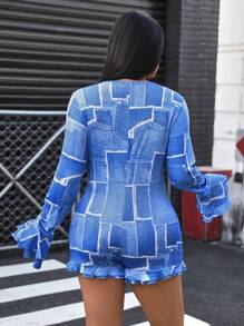 INAWLY Plus Size Fashionable Denim Print Bell Sleeve Jumpsuit - Blue - View 2