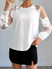 SHEIN Clasi 女士花卉网眼后背系带优雅衬衫，适合情人节约会 - 白色 - 查看 2