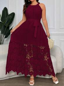 Vionelle 大码优雅纯色蕾丝拼布吊带连衣裙 - 酒紅色 - 查看 5
