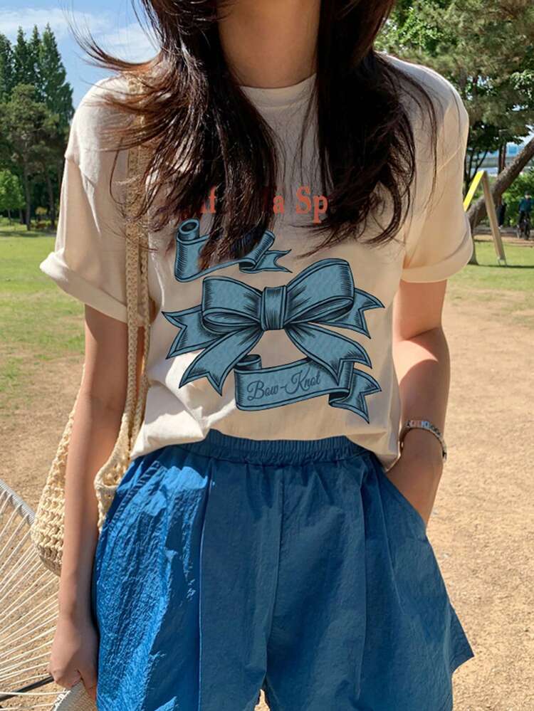 Women Bow Print Short Sleeve Loose T-Shirt, Spring, Summer Graphic Tee Women Cute Top, Teacher