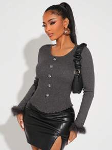 SHEIN SXY Floral Button Trimmed Solid Color Fitted Crop Cardigan With Fluffy Cuffs - Grey - View 1