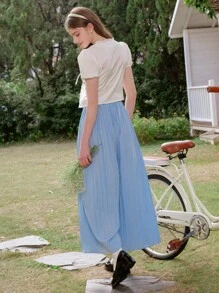 SHEIN Teen Girls Pleated Loose Pants,Blue Elegant Casual Vacation Clothing Suitable For Spring/Summer/Autumn,Office Wedding Season Princess Floral Design - Blue - View 5