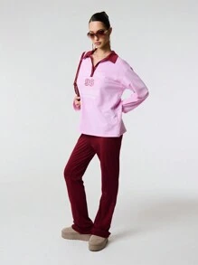 SHEIN Unity Letter Print Contrast Polo Neck Drop Shoulder Long Sleeve Casual Sweatshirt Fall Cloth For Women - Pink - View 3