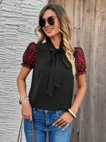 EMERY ROSE Women's Solid Color Patchwork Front Tie Short Sleeve Casual Shirt - Black - View 4