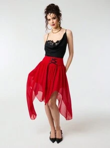 SHEIN Unity Jupe mi-longue rouge à taille haute avec volant et lacets contrastés en avant