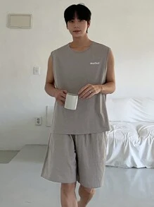 DAZY Men's Summer Letter Print Gray Vest & Shorts Lounge Wear Set Pajama - Grey - View 8