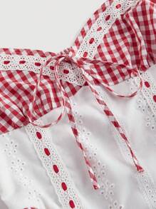 SHEIN MOD Vestido Xadrez Vermelho e Branco Cottagecore, Vestidos de Verão para Mulheres, Looks de Praia para Mulheres - Vermelho e Branco - Visão 3