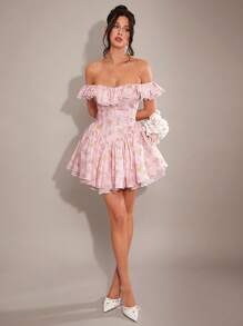 SHEIN BAE 优雅甜美浪漫荷叶边蕾丝露肩紧身泡泡袖连衣裙，适合春秋冬季，粉色碎花，公主裙，情人节，派对，约会，伴娘，舞会，工作，生日礼物 - 粉色 - 查看 1